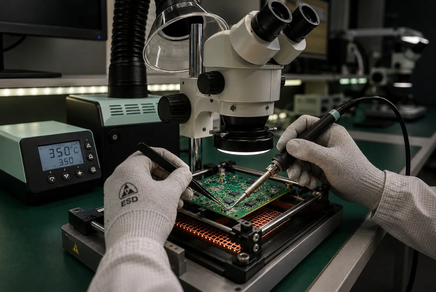 Arbeit an einer Elektronik-Baugruppe unter dem Stereomikroskop